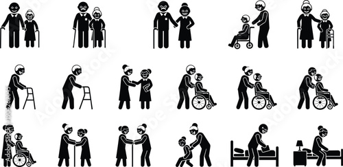 Comprehensive Set of Senior Care Icons, Elderly Assistance Silhouettes, Nursing Home Support, Caregiver Services, Disability Mobility Aid, and Geriatric Wellness Symbols