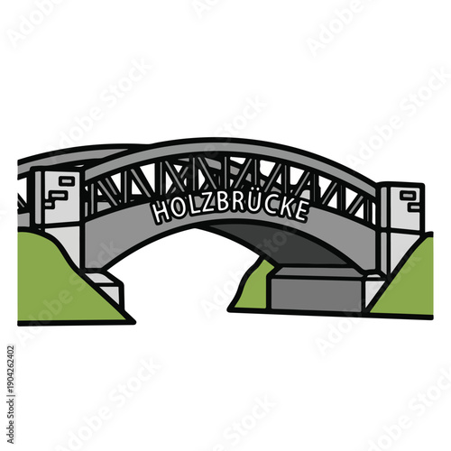 A cartoon-style illustration of a grey bridge with 'HOLZBRÜCKE' written on it