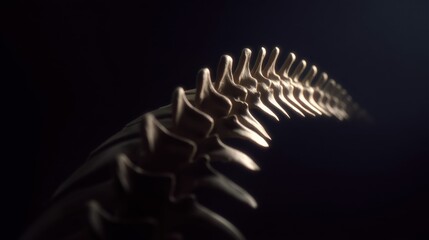 Close-up of a skeleton of a dinosaur. the skeleton is in the center of the image, with the background completely black.