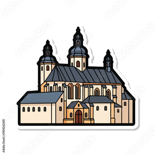 A cartoon-style illustration of a large, beige church