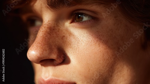 Close-up of a person's face. the person appears to be a young man with short, dark hair. his face is turned slightly to the side, and his eyes are looking directly at the camera.