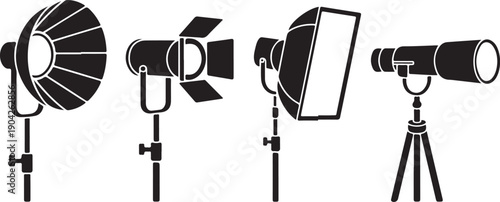 Studio lighting equipment vector icons set, spotlight, softbox, umbrella light