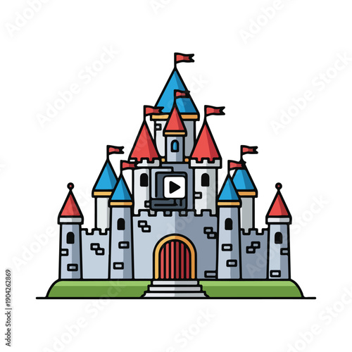 A cartoon-style illustration of a majestic castle