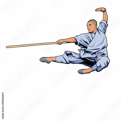 Shaolin Monk Performing Flying Kick with Bo Staff Martial Arts Illustration