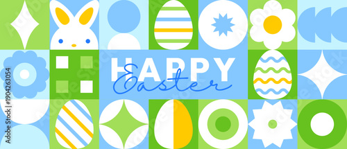 Happy Easter Geometric Mosaic Greeting Card with Bunny and Eggs