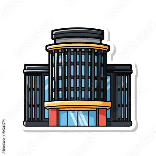 A cartoon-style illustration of a modern building