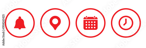 Notification, time, calendar and location icon set on transparent background. Calendar, address location pointer and alarm bell sign. event, date, address, reminder symbol. flat style.