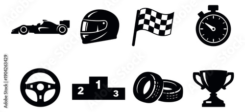 Black silhouette racing icon set featuring a formula car, helmet, checkered flag, and trophy for motorsport design