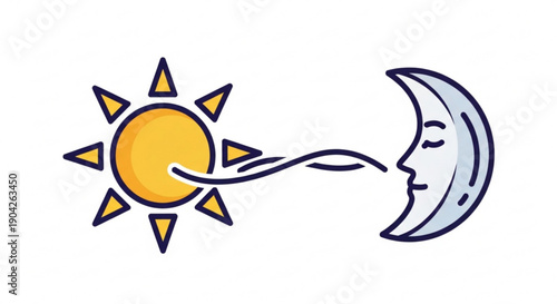Sun and crescent moon face illustration representing day and night transition flat vector design for weather and time concepts