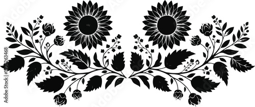 Symmetrical sunflower floral ornament vector with botanical branches leaves and buds decorative black silhouette for vintage elegant design backgrounds