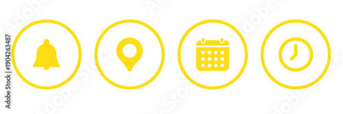 Notification, time, calendar and location icon set on transparent background. Calendar, address location pointer and alarm bell sign. event, date, address, reminder symbol. flat style.