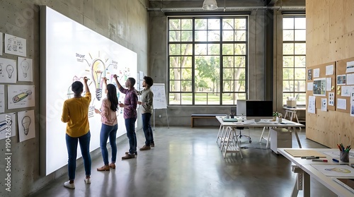 Diverse team brainstorming with lightbulb idea on whiteboard in modern office