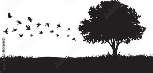 Tree silhouette with birds flying
