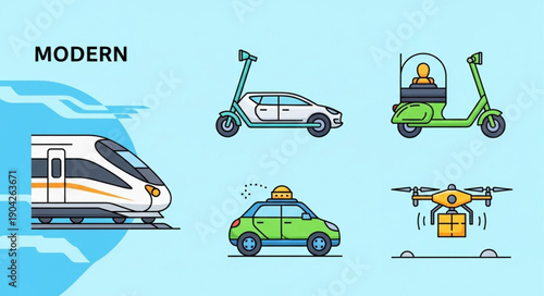 Modern transportation vehicles and delivery drone illustration.