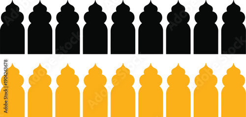 A symmetrical arrangement of black and gold floral or architectural shapes in rows high-quality professional

