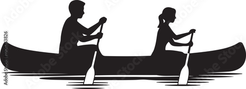 Two people paddling a canoe on water a striking black silhouette