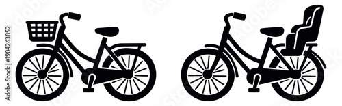 Clip art bicycle set featuring a bike with a front basket and a family bike with a child seat for urban commuting