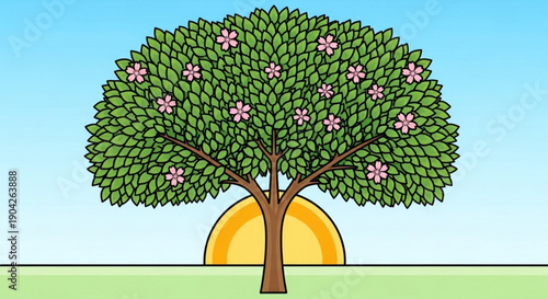 Blooming tree with pink flowers against a sunrise sky representing spring growth and natures beauty perfect for seasonal themes and environmental concepts
