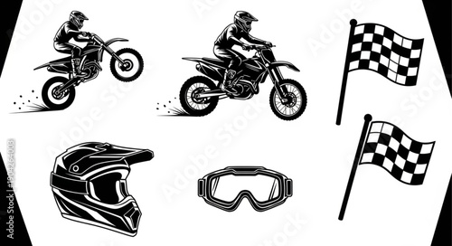 Motocross Rider Gear and Racing Flags Illustration.
