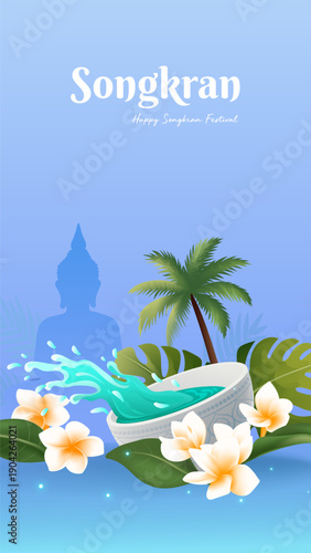 Songkran Festival Poster Thailand Water Festival Buddha tropical plant background