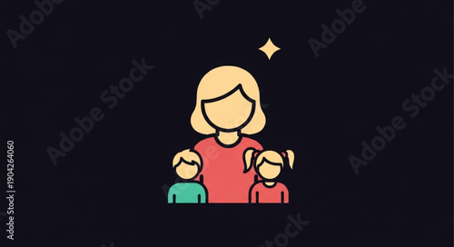 Mother and two children illustration with a sparkle above.