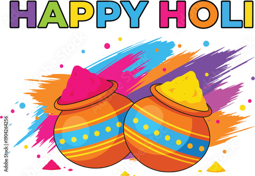 Indian festival of Holi with two pots of colorful gulal powder and paint splashes.