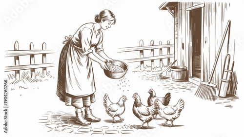 Woman feeding chickens in a yard.