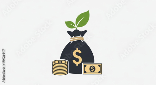 Money bag with growing plant and coins symbolizing financial growth.