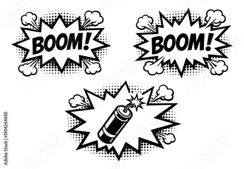 Line art comic explosion burst set featuring BOOM! text and a lit dynamite for graphic design projects