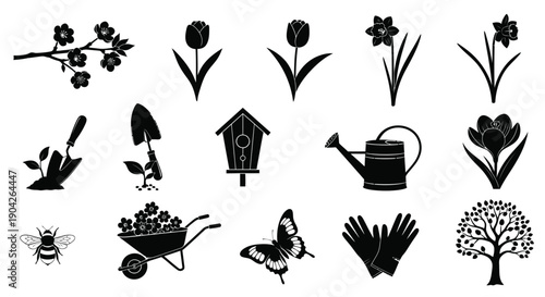 Gardening icons set including flowers tools and insects on white background for landscaping and horticulture concepts