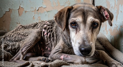 Sick stray dog with severe skin infection and injured ear looking at camera sadly