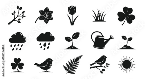Various garden icons including plants flowers birds and weather arranged in a grid on a white background