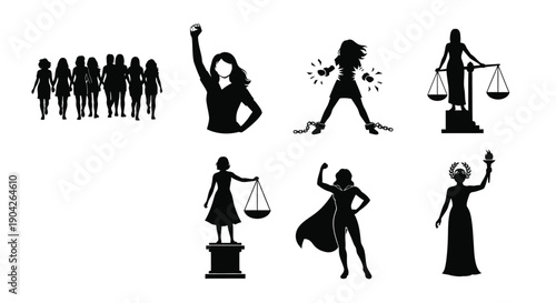 Empowerment and justice concept with various strong female silhouettes in different poses symbolizing equality freedom and strength