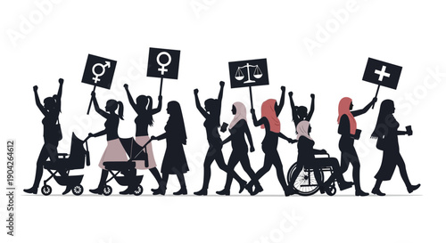 Diverse group of women with disabilities marching for equality and social justice holding signs for gender and accessibility rights symbolizing unity and activism for a fair society