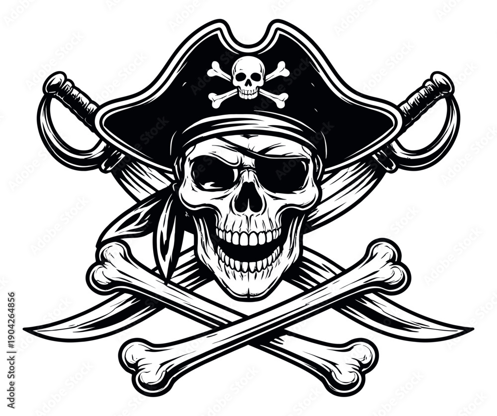 Fototapeta premium Line art illustration of a pirate skull symbol depicting a captain's hat, eye patch, and crossed swords with bones for adventure and nautical designs