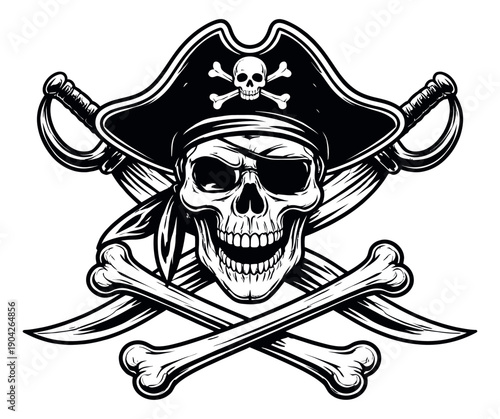 Line art illustration of a pirate skull symbol depicting a captain's hat, eye patch, and crossed swords with bones for adventure and nautical designs