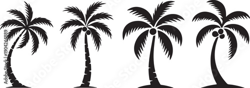 Vector icons set of tropical palm trees. silhouette collection of coconut palms