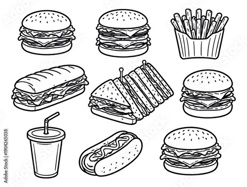 Hand drawn line art fast food set featuring hamburgers, french fries, a hot dog, subway sandwich, club sandwich, and a soda for restaurant branding