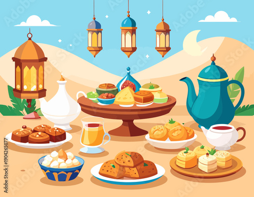 Eid Al-Fitr Festive Food Spread Illustration with Desert Landscape and Lanterns.
