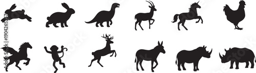 PrintVector silhouette collection of wild animals, farm livestock, and mythical creatures including unicorn, pegasus, dinosaur, rhino, and monkey on white