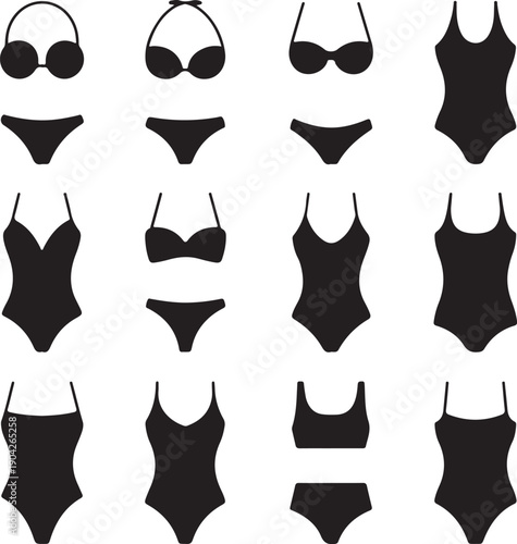 Vector illustration set of silhouettes of modern swimsuits and women s underwear on white background. Bikini set for girls
