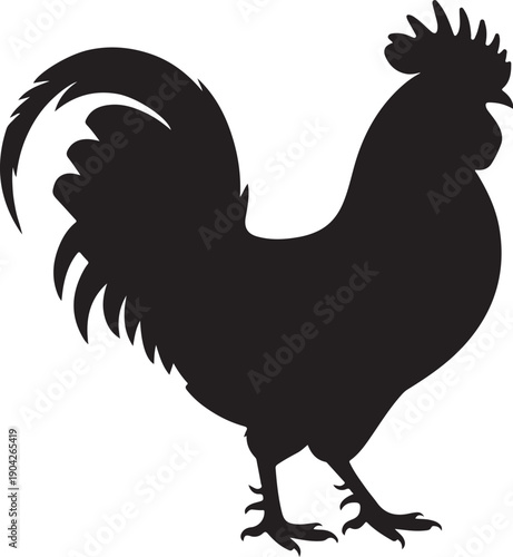 Vector illustration. Black silhouette of a rooster standing on one leg. Isolated on a transparent background
