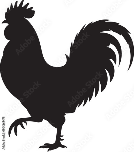 Vector illustration. Black silhouette of a rooster standing on one leg. Isolated on a transparent background