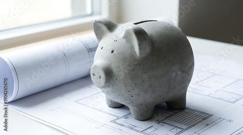 Gray piggy bank on architectural blueprint near window