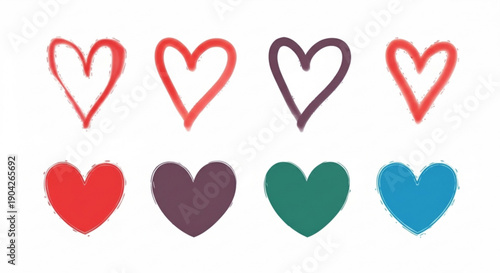 Colorful hearts in various styles and shades on white background for love and valentine's day concepts