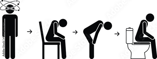 Stick Figure Sequence Showing Dizziness Symptoms, Person Feeling Faint, Sitting Down, Leaning Over, and Resting in Bathroom, Medical Illustration for Health