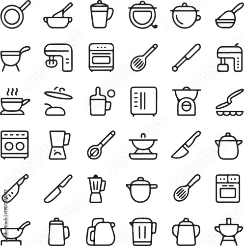 Vector line kitchen and cooking icons set. Kitchen and Cooking Icon Object, Kitchen and Cooking Icon Picture 