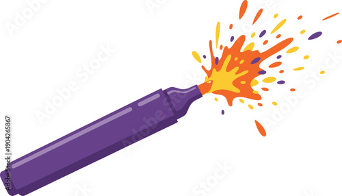 A purple marker pen with a vibrant explosion of orange, yellow, and purple ink splattering from its tip, creating a dynamic and artistic effect.