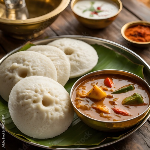 Traditional indian meal featuring idli and sambar with chutney on the side