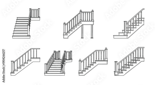 Architectural Staircase Design Line Icons Showcasing Various Stair Layouts and Railing Configurations for Interior Design and Building Plan Documentation.